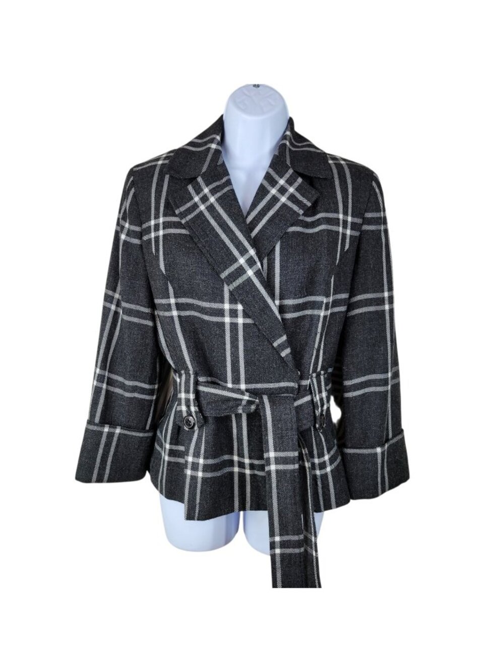 Bandolino Plaid Pea Coat Swing Jacket Winter Size 8 Wool Blend Belted Check Gray